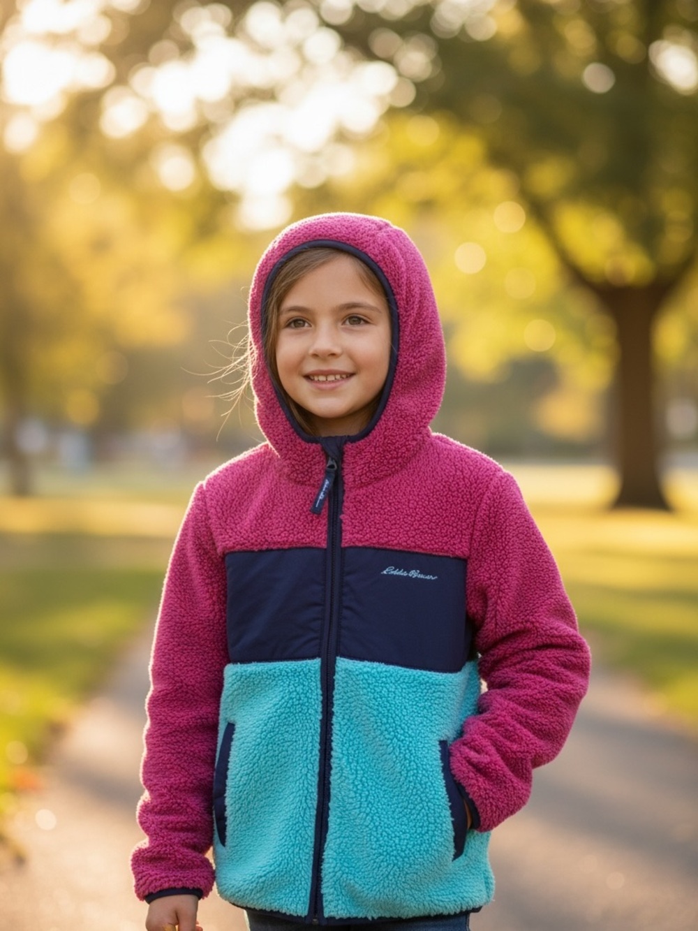 Eddie Bauer Kids Colorblock Sherpa Jacket - Fuchsia, Teal & Navy SIZE 7/8